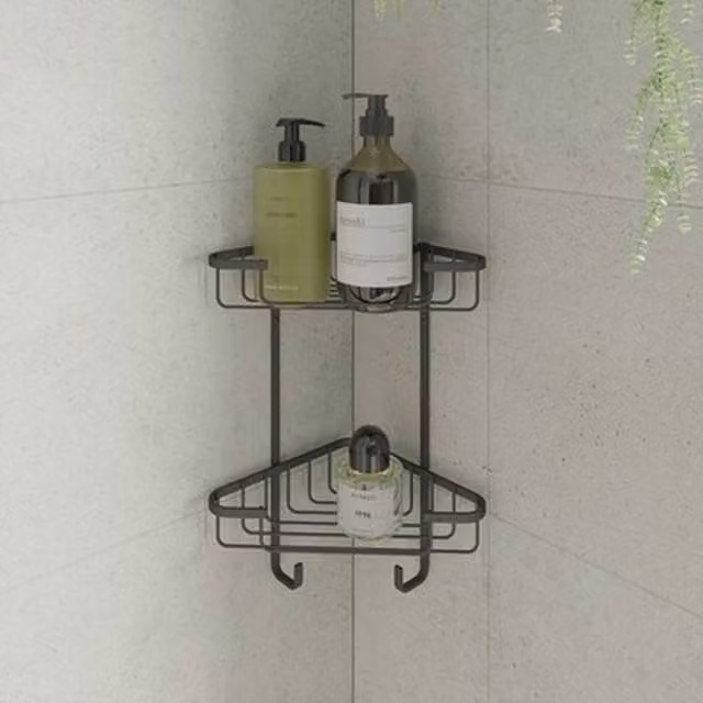 Croydex Black 2 Tier Wall Mounted Corner Shower Caddy with Hooks – 1