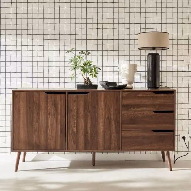 sweeek Scandinavian Style Walnut Wood-effect Sideboard in Dark Brown, W/D/H: 160 x 40 x 80 cm