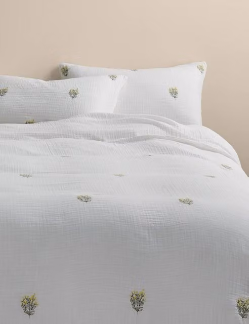 M&S Pure Cotton Muslin Floral Sprig Duvet Cover Set, Yellow and White, W: 180 cm, H: 200 cm