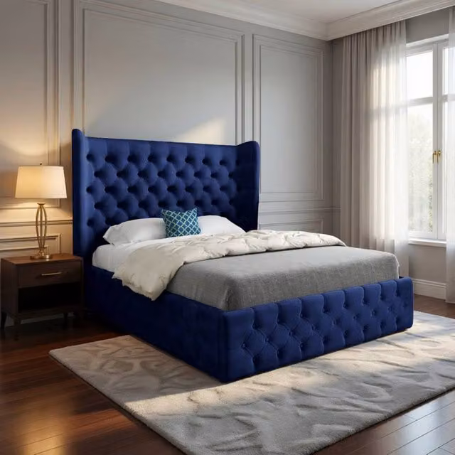 Casani Ickworth King Size Upholstered Velvet Designer Bed Frame in Blue, W/D/H: 180 x 137 x 189 cm