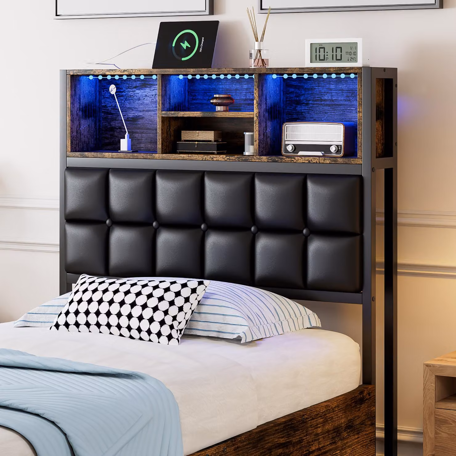 Aosom UK Hydraulic Storage Single Bed with Multi-Colour LED Strip, USB Charging Ports and Sponge Headboard, Black and Neutral, H 107 x W 96 x D 208 cm – 7