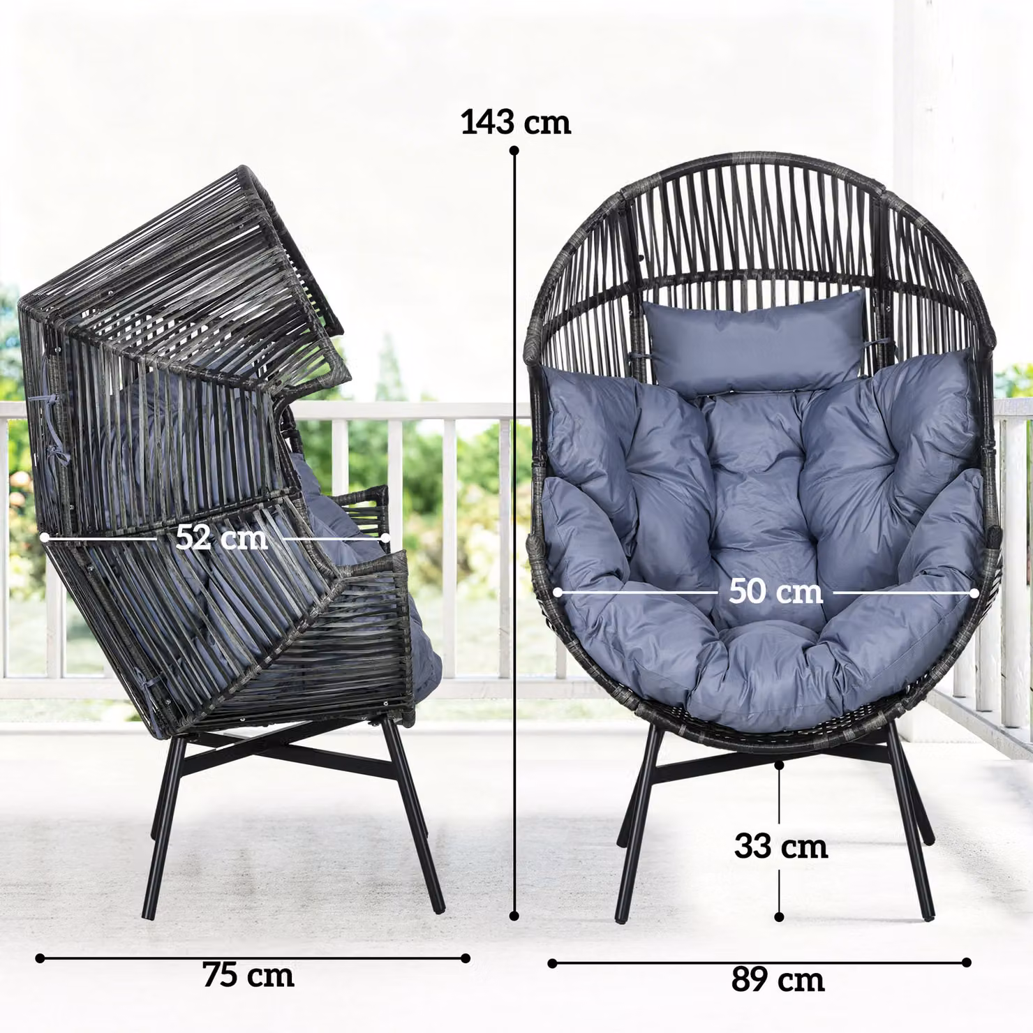 Outsunny PE Rattan Garden Egg Lounge Chair with 15 cm Foam Seat Cushion and Powder Coated Steel Frame in Mixed Grey – 3