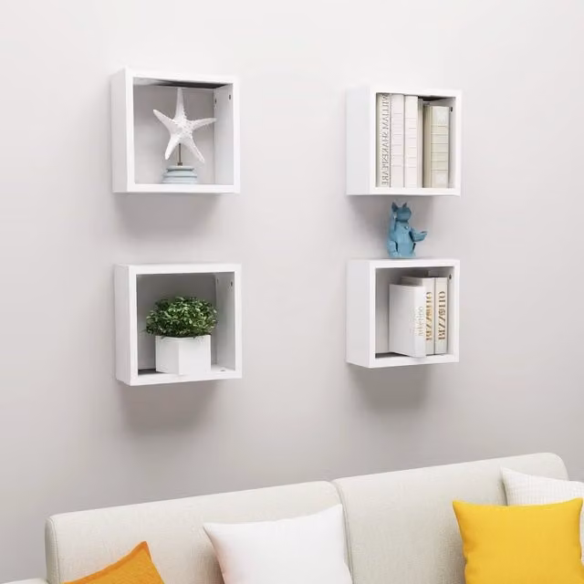 Berkfield Home Wall Mounted Cube Shelves, 4 Piece Set, White, W/D/H: 30 x 15 x 30 cm