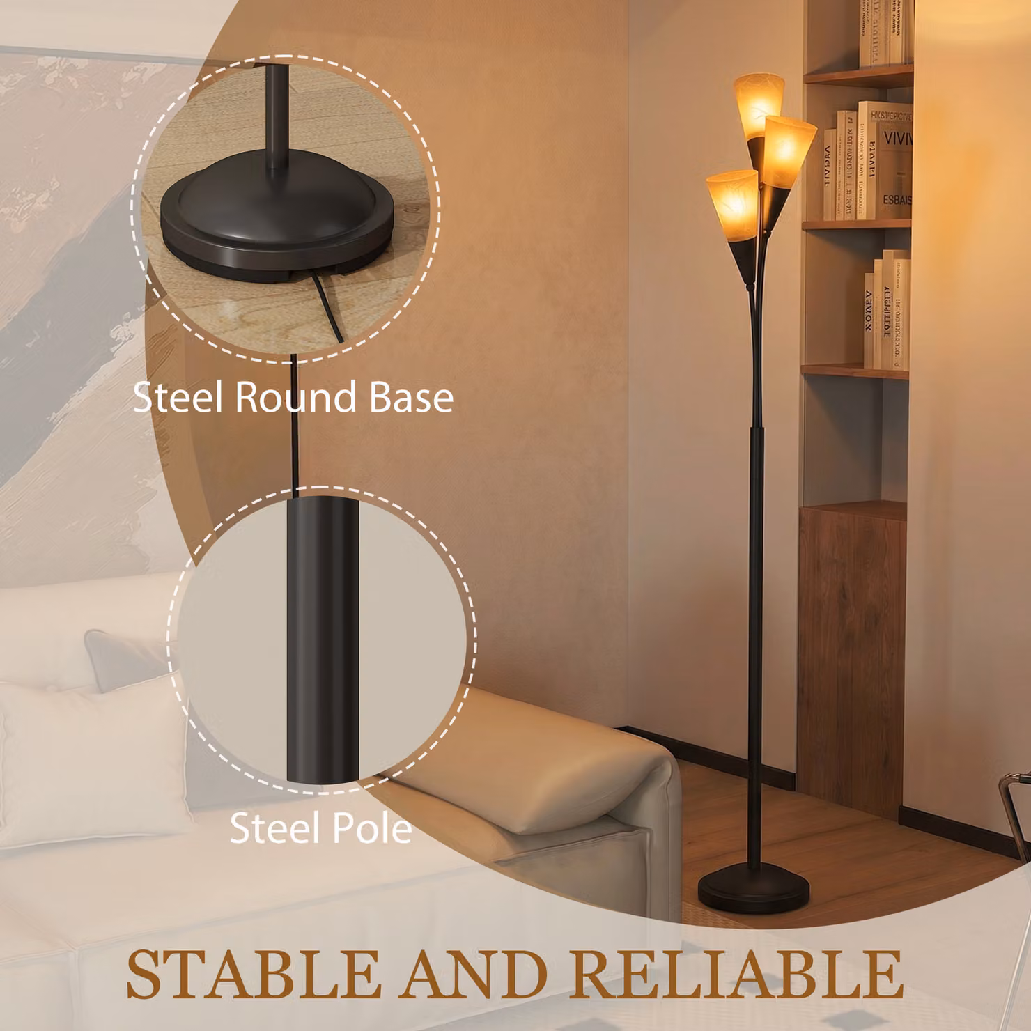 HOMCOM Modern 3-Light Black Metal Upright Floor Lamp for Living Room – 5