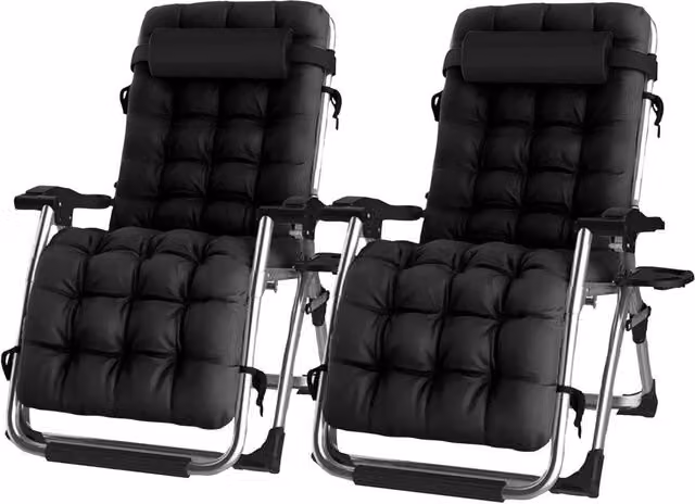 Groundlevel Pair of Luxury Gravity Garden Sun Lounger Chairs with Black Cushions – 1