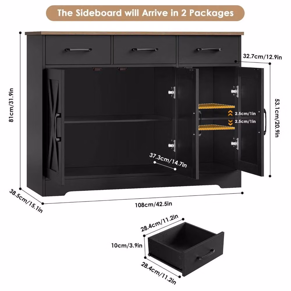 PAWNORA Modern Kitchen Cabinet with 3 Drawers and 3 Doors in Black and Brown – 2