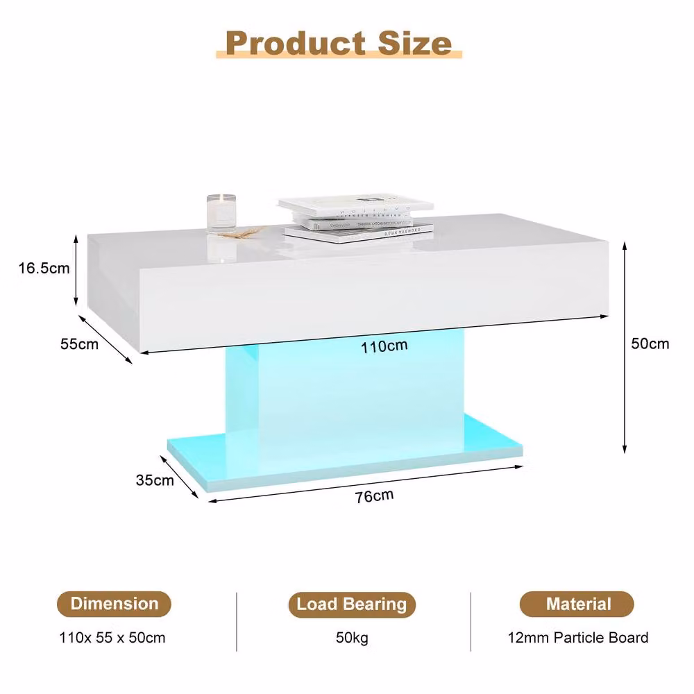 KEEPREAPER White High Glossy Rectangular Wooden LED Coffee Table – 3