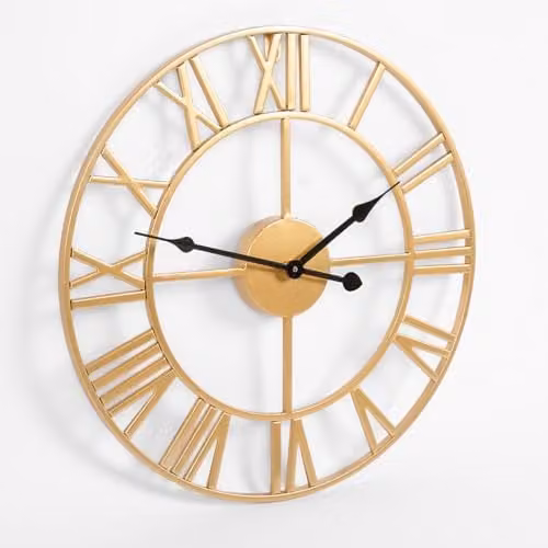 OHS Large Gold Metal Vintage Skeleton Wall Clock with Roman Numerals, Diameter: 40 cm