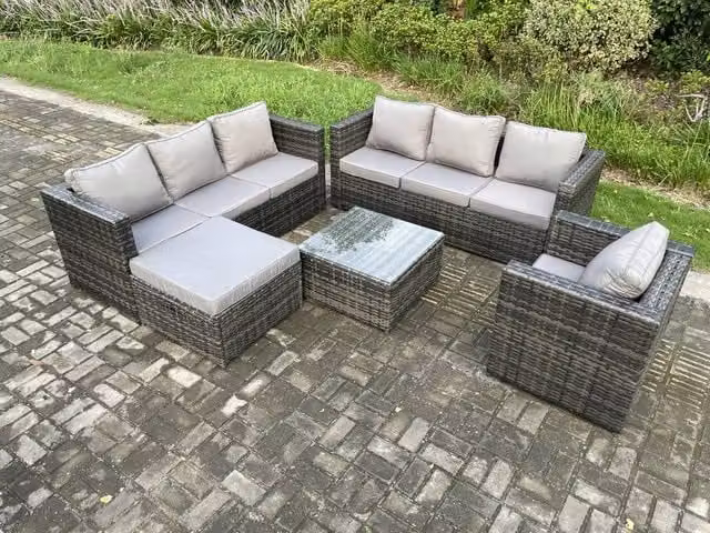 Fimous 8 Seater Rattan Garden Furniture Set in Dark Grey with Armchairs, Coffee Table and Ottoman