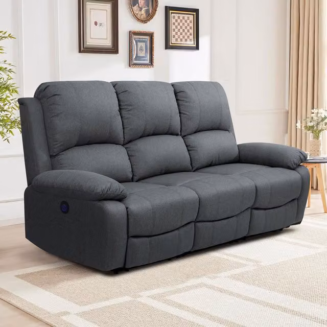 Comfy Living Dark Grey Fabric Electric Recliner Sofa Set with 3 Seater, 2 Seater and Armchair