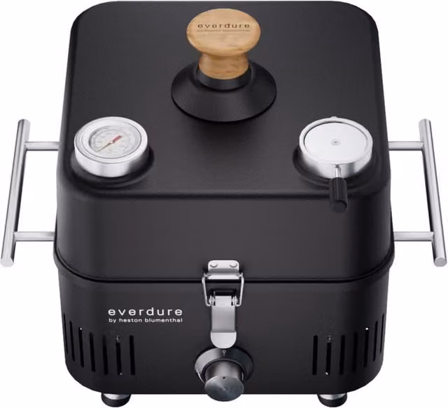 Everdure by Heston Blumenthal Cube Proflame 360 Portable Tabletop Gas BBQ with Roasting Hood and Thermometer in Black