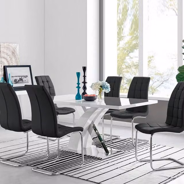 FurnitureboxUK Atlanta Modern Rectangular High Gloss White Dining Table and 6 Black Murano Chairs Set – 1