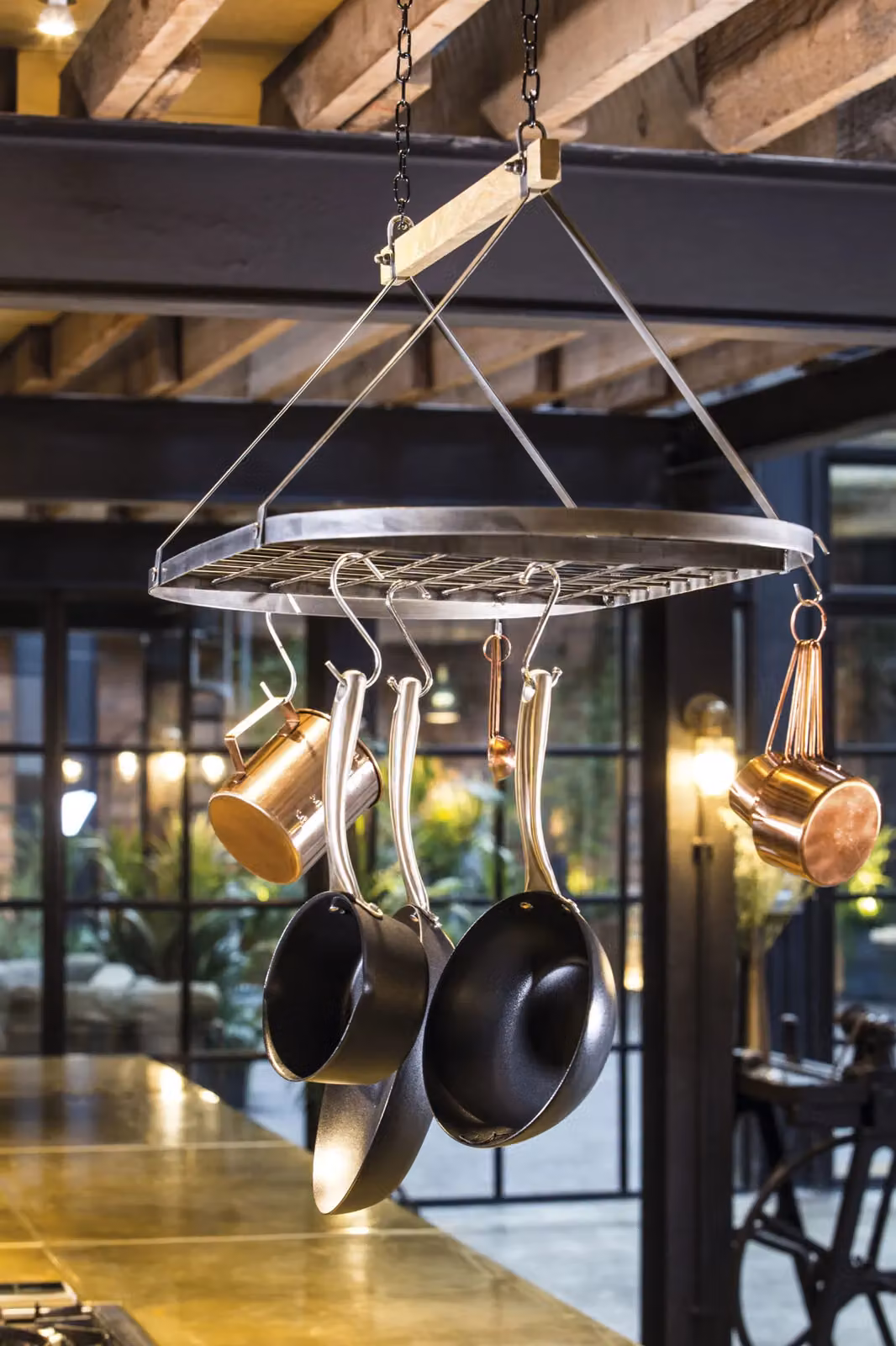 Industrial Kitchen Vintage-Style Ceiling Hanging Pot and Pan Rack with Mango Wood Shelf in Silver – 5