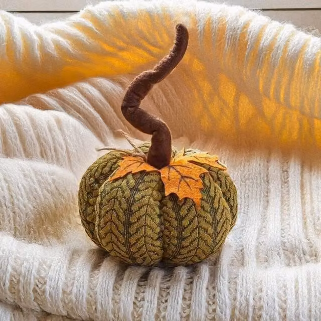 Marco Paul Green Plush Pumpkin Textile Autumn and Halloween Decoration, Diameter: 13 cm