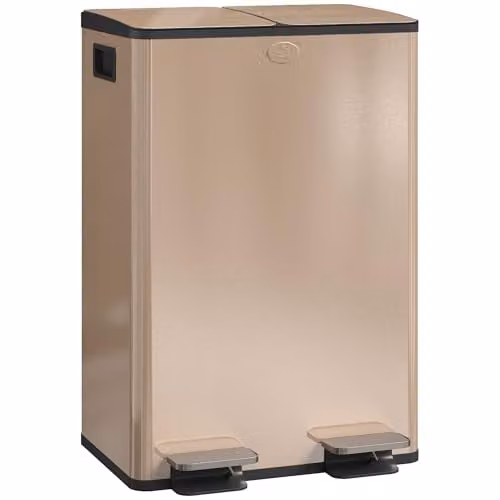 HOMCOM Dual Kitchen Pedal Bin with Soft Close Lids and Odour Filter, Gold Tone Stainless Steel, 2 x 28L – 1