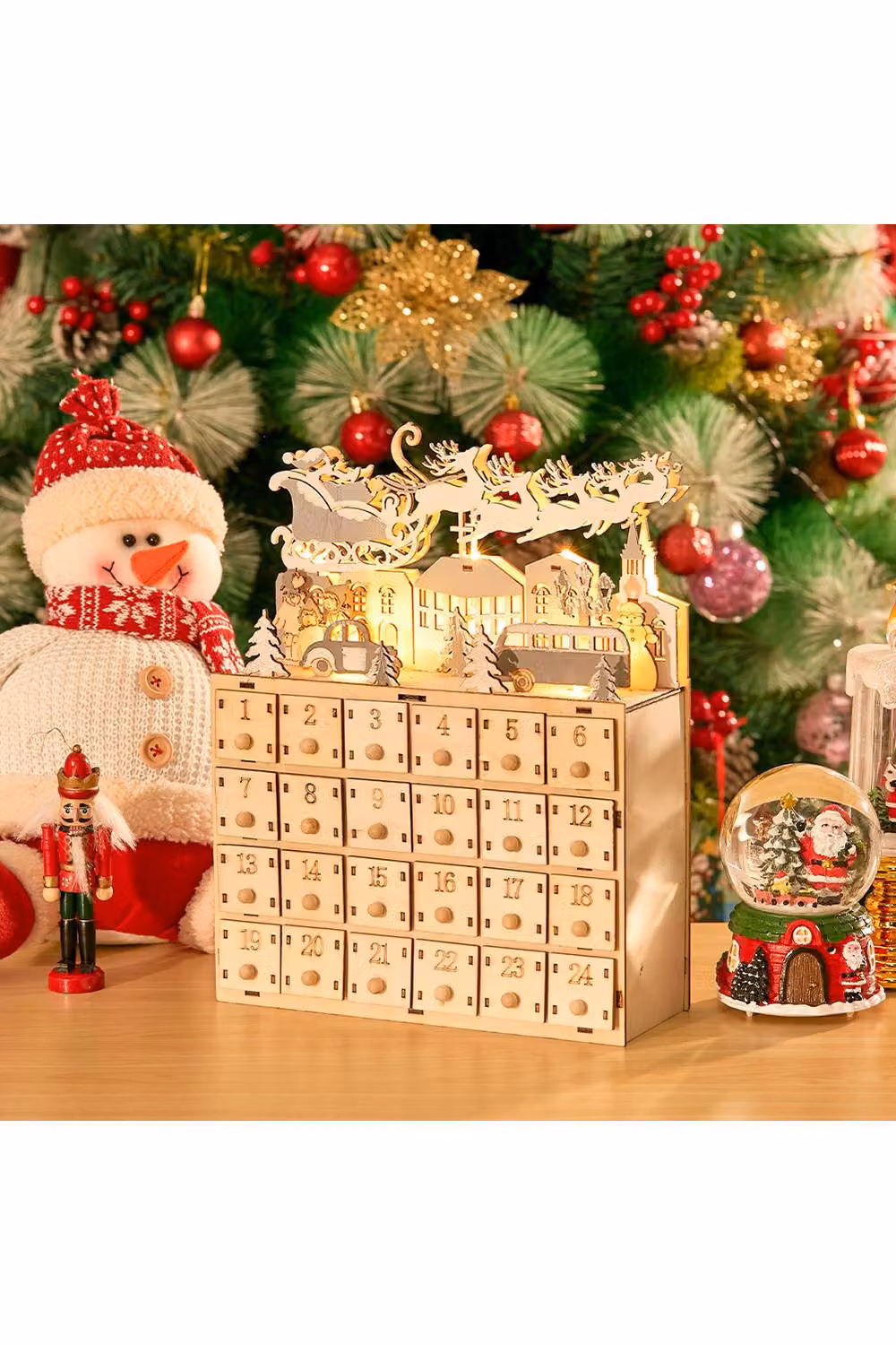 Living and Home Wooden Christmas Advent Calendar with 24 Drawers and LED Lights in Beige – 2