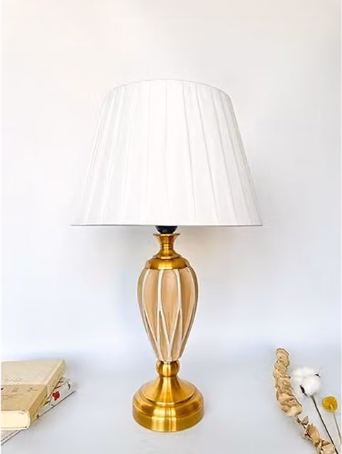 DEENZ Gold Faceted Table Lamp with Ceramic and Metal Base and White Fabric Shade