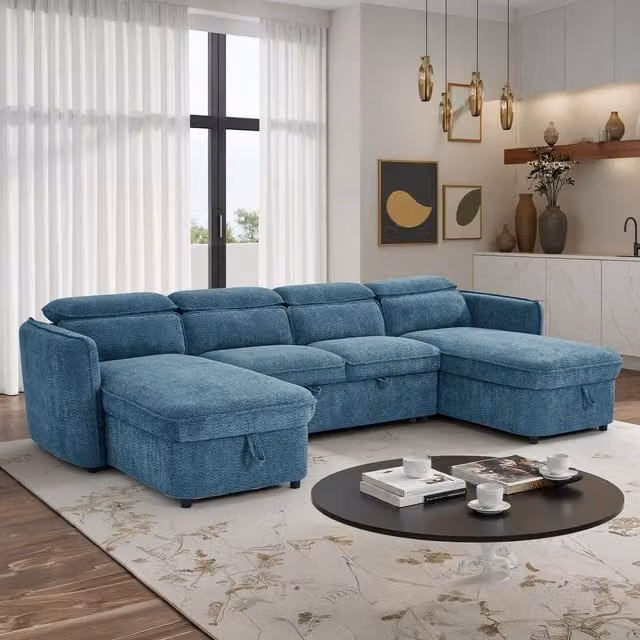 Furnishings For Less UK Ria 4 to 5 Seater Blue Fabric U-Shaped Sofa Bed with Tilting Headrest and Storage – 1