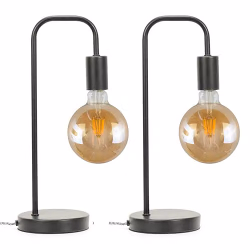 ValueLights Pair of Industrial Style Black Metal Curved Stem Bedside Table Lamps with LED Bulbs