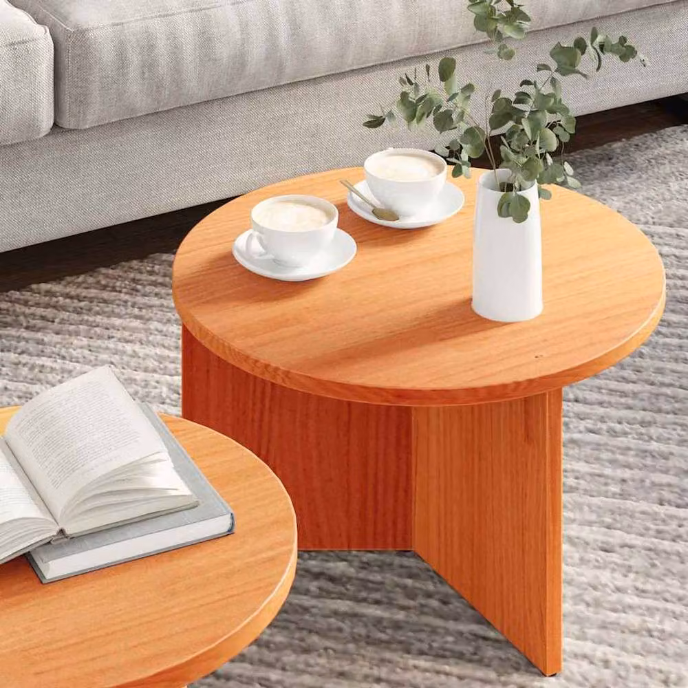 Berkfield Home 2-Piece Round Nested Coffee Table Set in Waxed Brown Solid Pine Wood – 4
