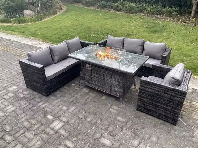 Fimous 7 Seater Outdoor Rattan Garden Furniture Set with Gas Fire Pit Dining Table and Armchairs in Dark Grey