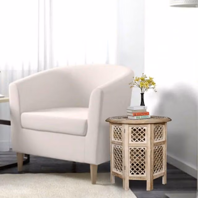 Topfurnishing Round Carved Wooden Coffee, Bedside or End Table in Brown, Yellow and Beige, Diameter: 54 cm