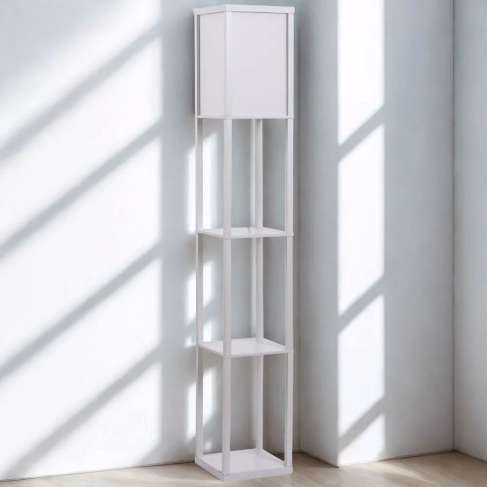FURNOS Modern Dimmable Floor Lamp with 3 Wood Shelves in White – 3