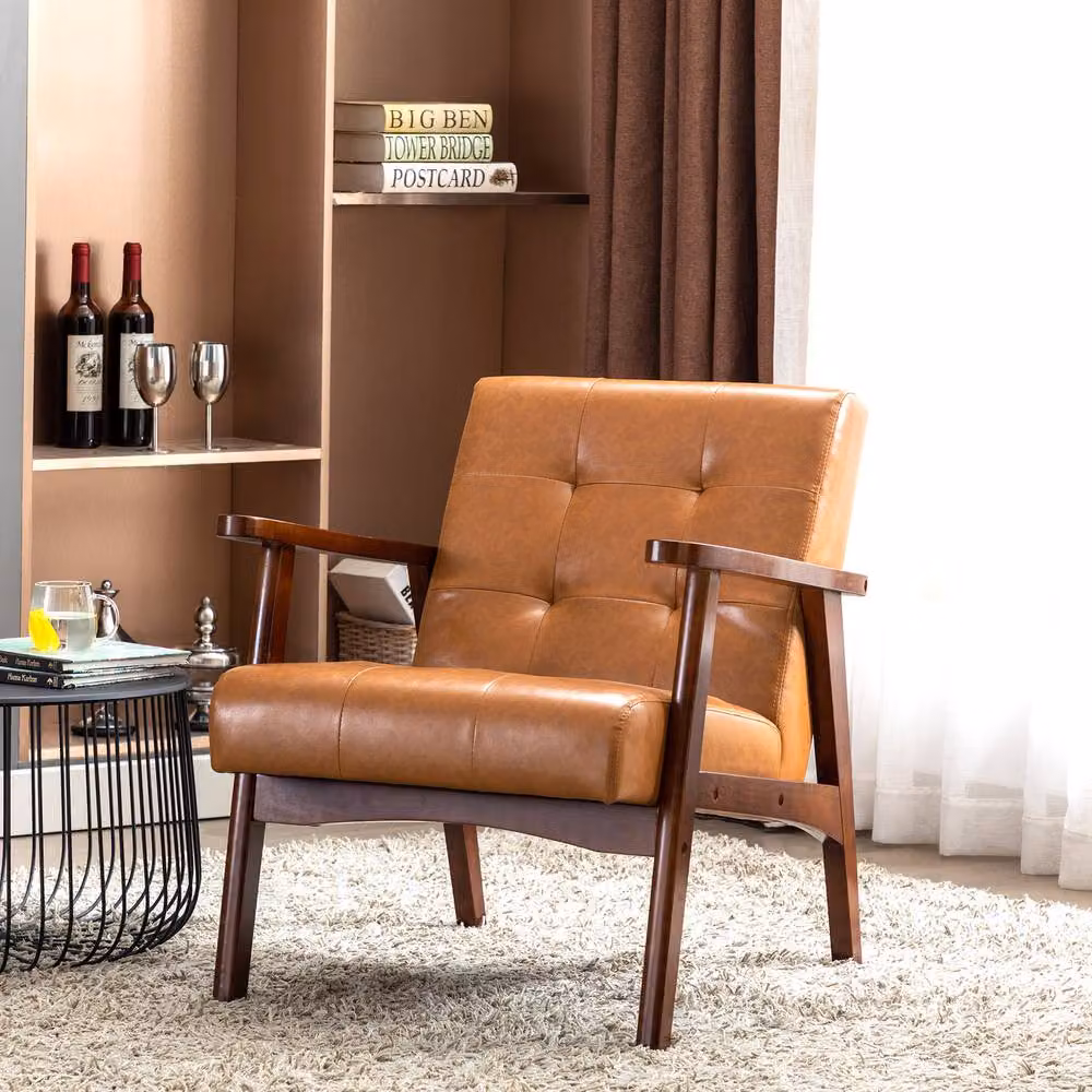 HomeMiYN Vintage Faux Leather Armchair with Solid Wood Legs in Burnt Orange – 4