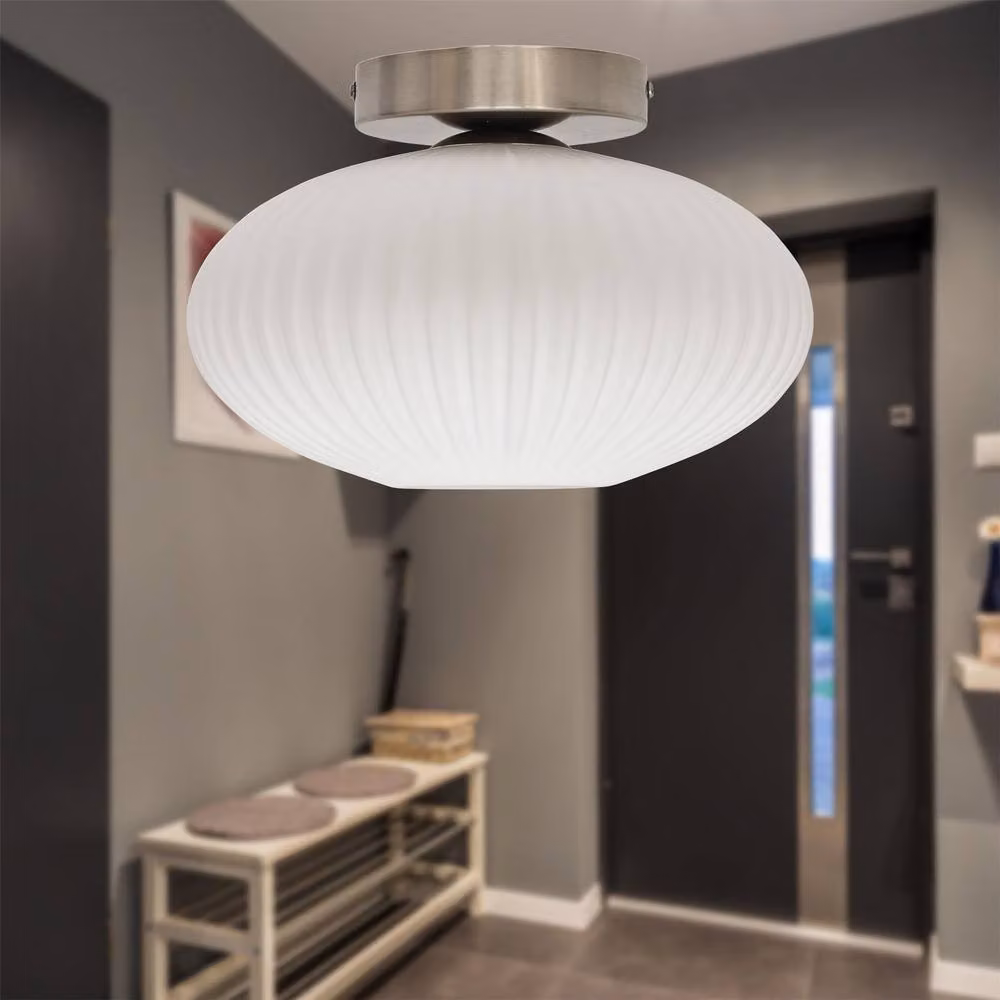 First Choice Lighting Baton White Ribbed Oval Glass Ceiling Light Fitting in Satin Nickel – 2