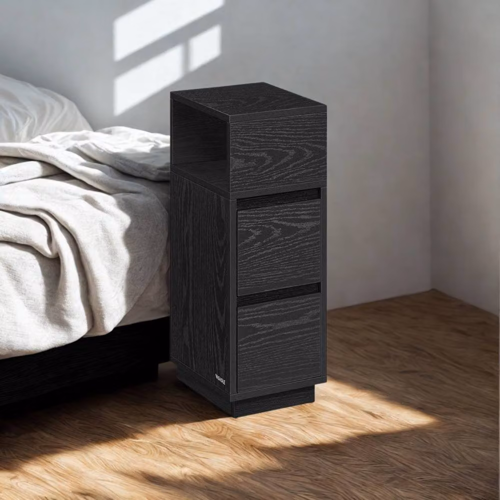 Pirlo Plush Black Square Bedside Nightstand with 2 Drawers and Shelf – 3