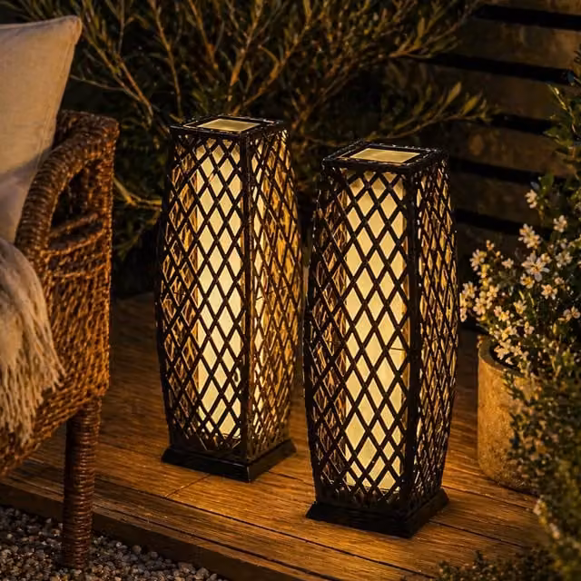Gr8 Garden Set of 2 Solar Rattan LED Lantern Floor Lamps in Grey