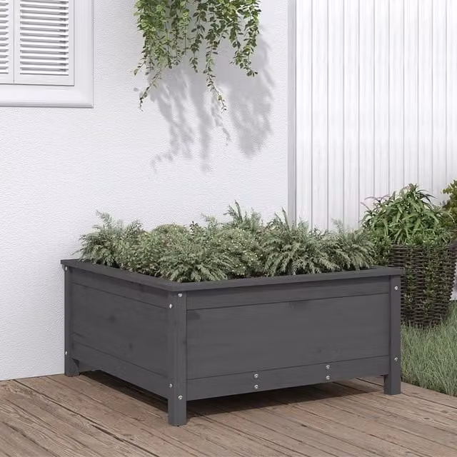 Berkfield Home Grey Solid Wood Pine Garden Planter Tub W: 82.5 cm, D: 82.5 cm, H: 39 cm – 1