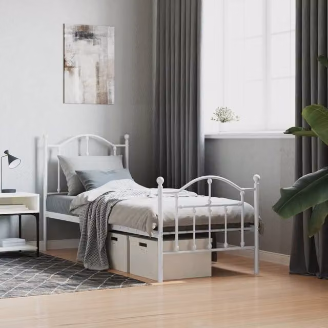 Berkfield Home Metal Bed Frame with Headboard and Footboard, White, W/D/H: 75 x 190 cm – 1