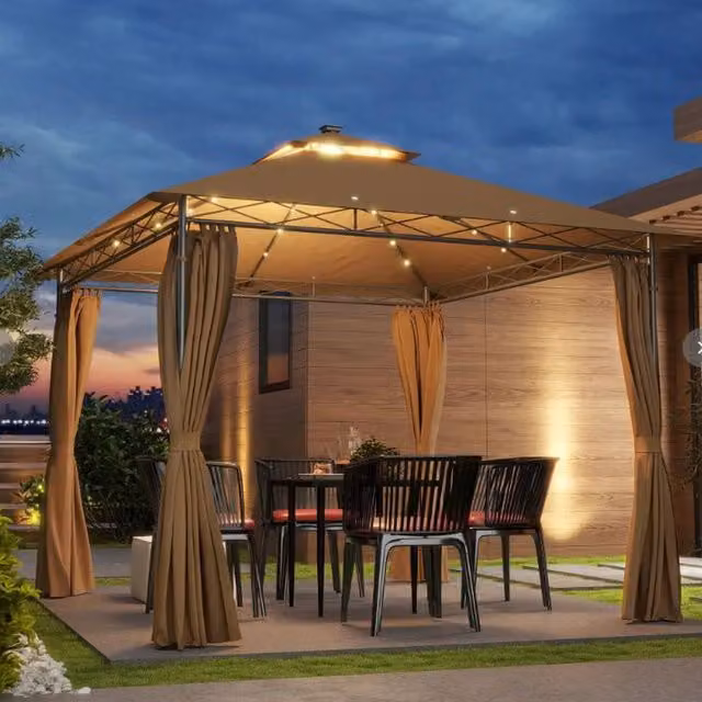 Chilli Seating Brown Metal Solar LED Hip Roof Gazebo, W x D: 300 x 300 cm