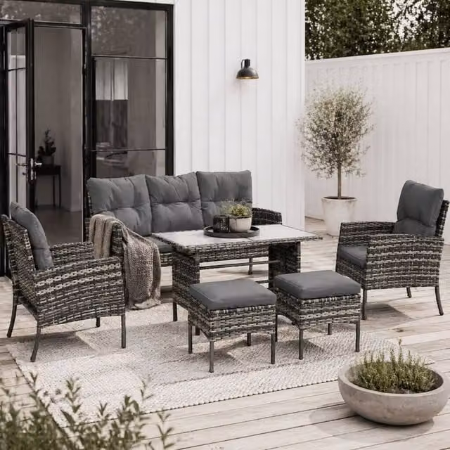 Wyld Haus Lolu 7 Piece Grey Rattan Style Garden Sofa Set with Metal and Glass Details