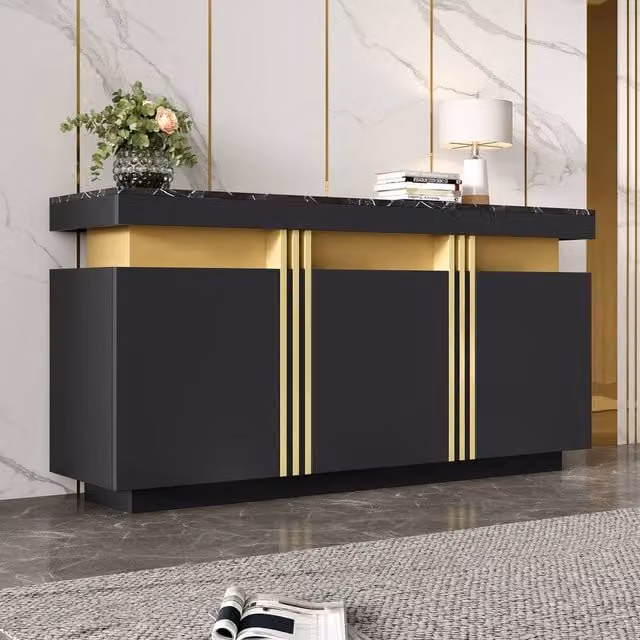 ModernLuxe Modern Sideboard Cabinet with Faux Marble Top and 3 Doors in Black, W/D/H: 140 x 38 x 70 cm – 1