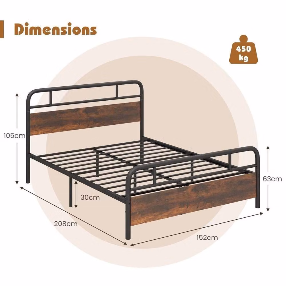 Kelvenix King Size Industrial Metal Platform Bed Frame, Brown, W/D/H: 180 x 200 cm – 2