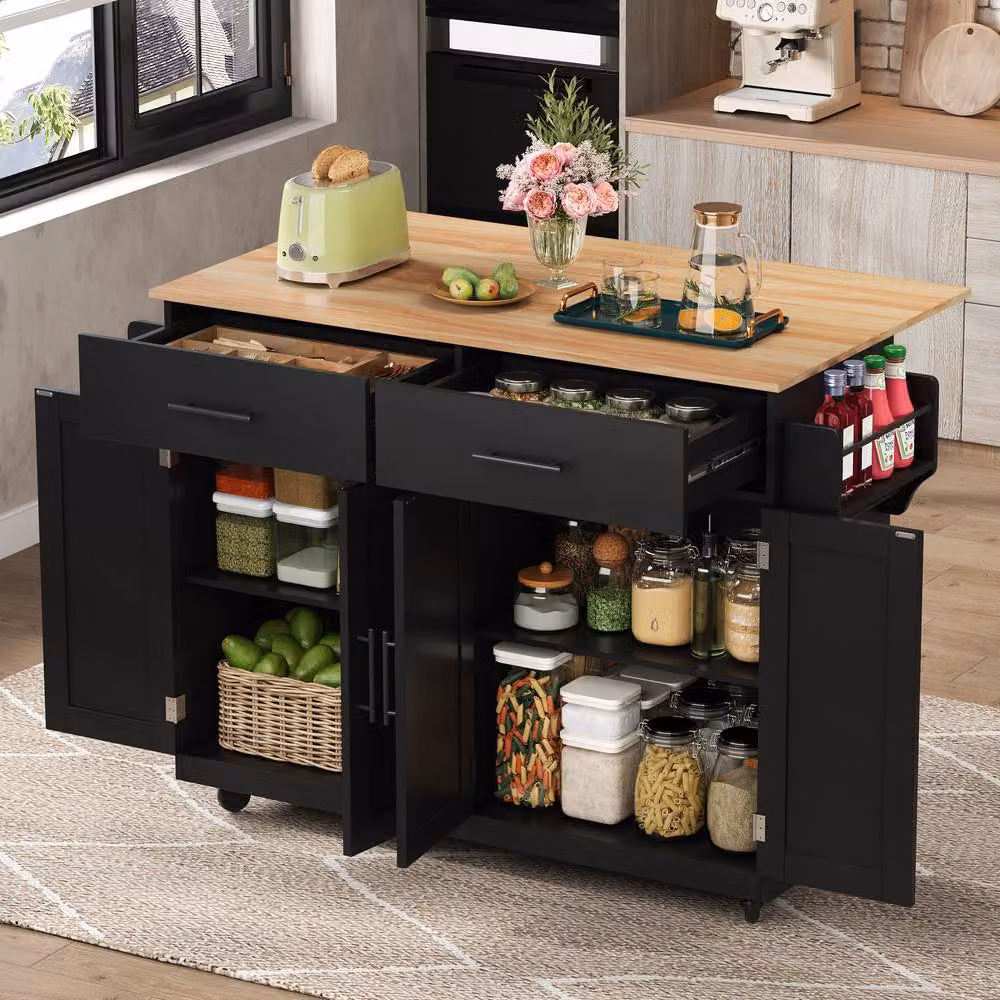 BTM Black Wood Kitchen Island on Wheels with Drop Leaf Folding Table and Serving Cart Trolley – 9