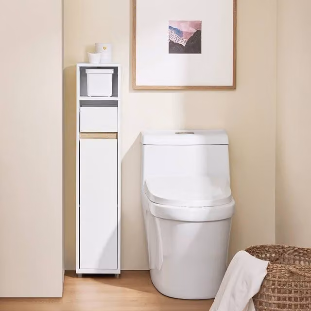 SoBuy Slim White Matt Bathroom and Hallway Cabinet with Hinged Doors, Internal Shelves and Drawers – 1