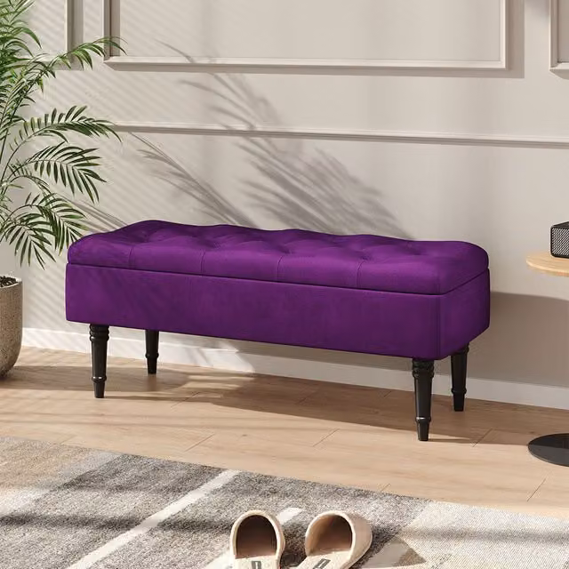 Livingandhome Modern Button Tufted Velvet Storage Bench Seat in Purple