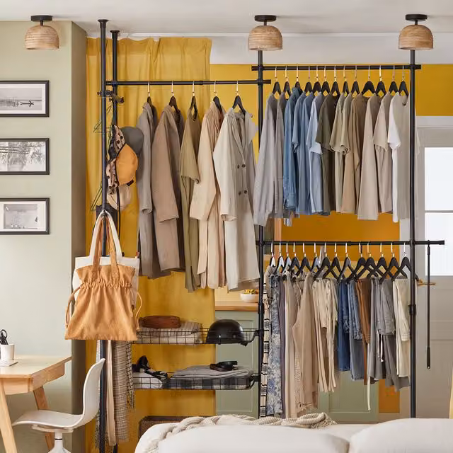 SoBuy Black Metal Adjustable Wardrobe Organiser with Hanging Rod and Shelves