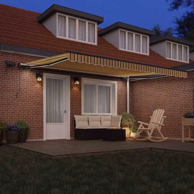 Berkfield Home Manual Retractable Striped Awning with Multicolour LED Lighting, Yellow, W: 450 cm, D: 300 cm
