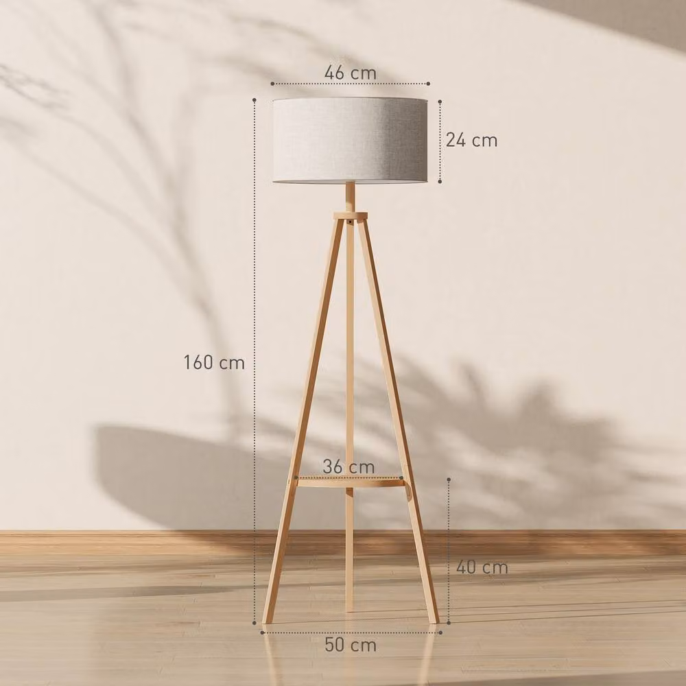 HOMCOM Tripod Bedside Lamp with Beige Linen Shade and Wood Storage Shelf, Height: 45.72 cm – 3