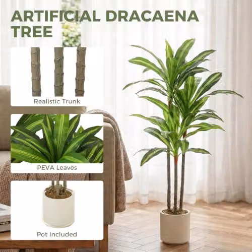 HOMCOM Set of 2 Artificial Dracaena Trees with Bendable Trunks, Green and White, Height: 90 cm – 3