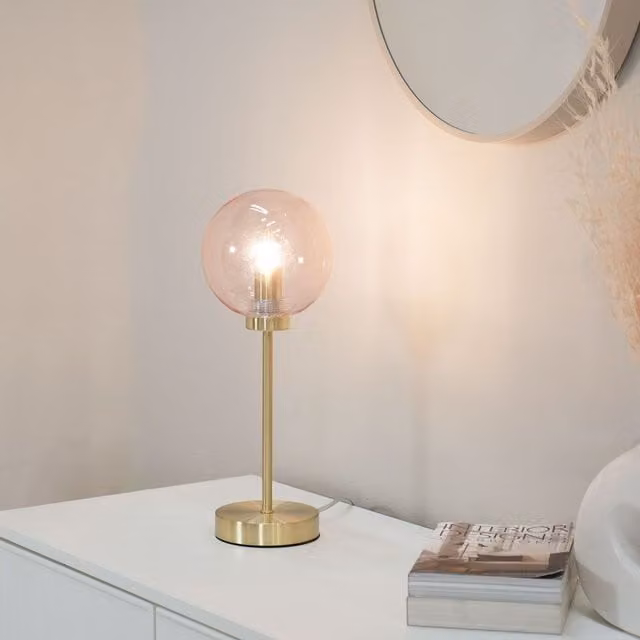 ValueLights Frenchie Art Deco Table Lamp with Pink Tinted Glass Globe and Gold Metal Stem, Includes LED Bulb
