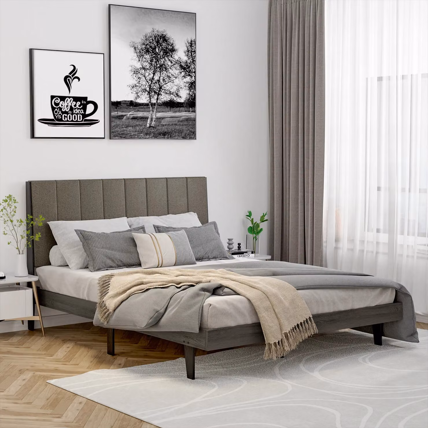 Costway Upholstered Bed Frame with Wooden Slats Support in Grey, 150 x 200 cm – 4
