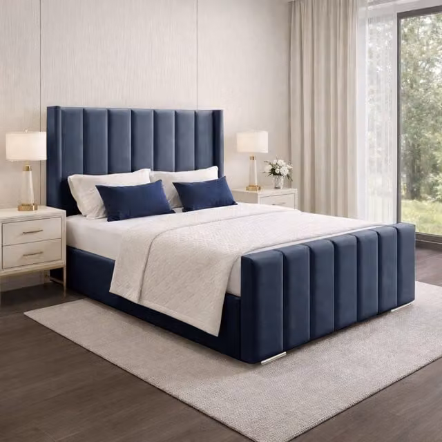 Desire Deco Modern Blue Plush Velvet Upholstered Wingback Panel Bed Frame, W/D/H: 90 x 190 cm