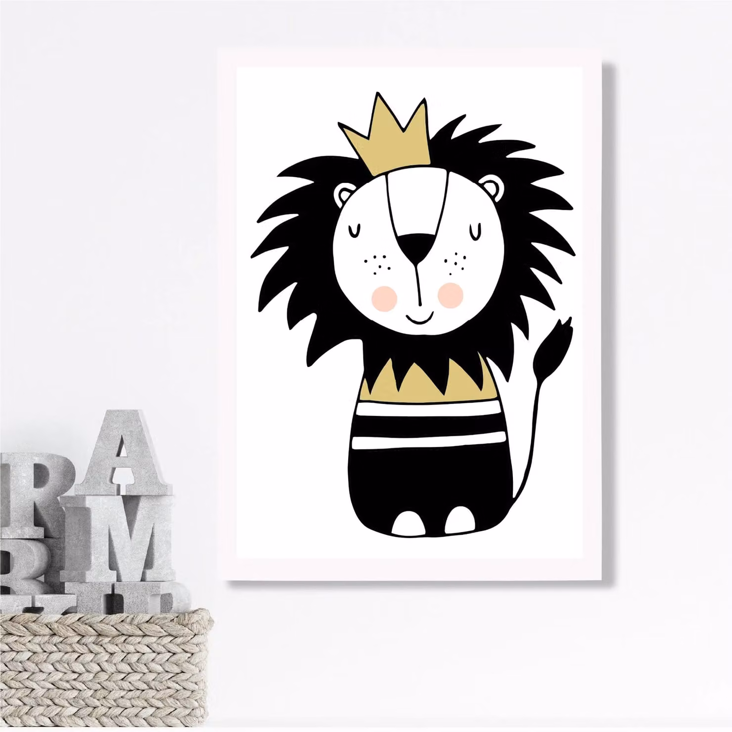 ARTZE Cute Lion Scandi Animal Framed Print, Yellow and White, A2 – 2