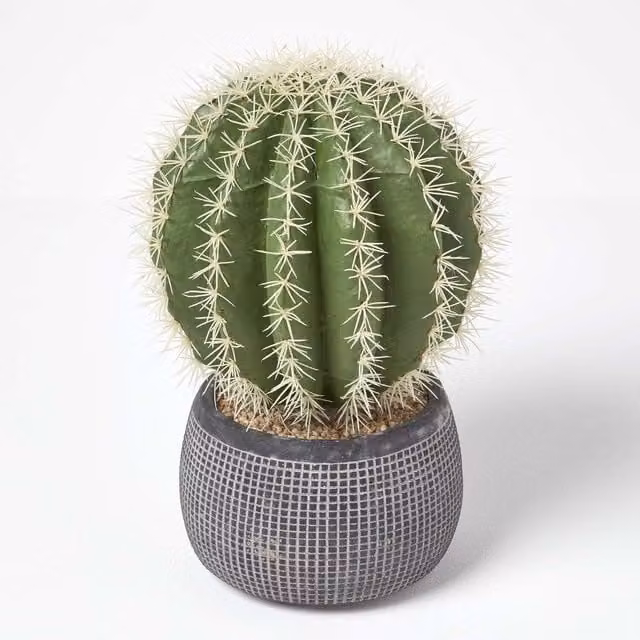 Homescapes Golden Barrel Artificial Succulent Cactus in a Grey Textured Stone Pot, Green and White