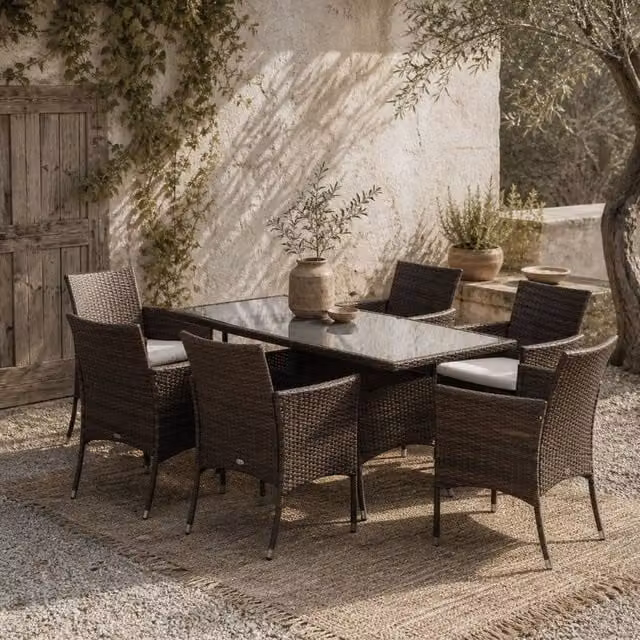 Wyld Haus Dine 6 Seater Outdoor Dining Set in Brown PE Rattan with Metal and Glass Details